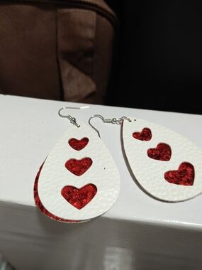 White & Red Heart Teardrop Earrings - Women Jewelry